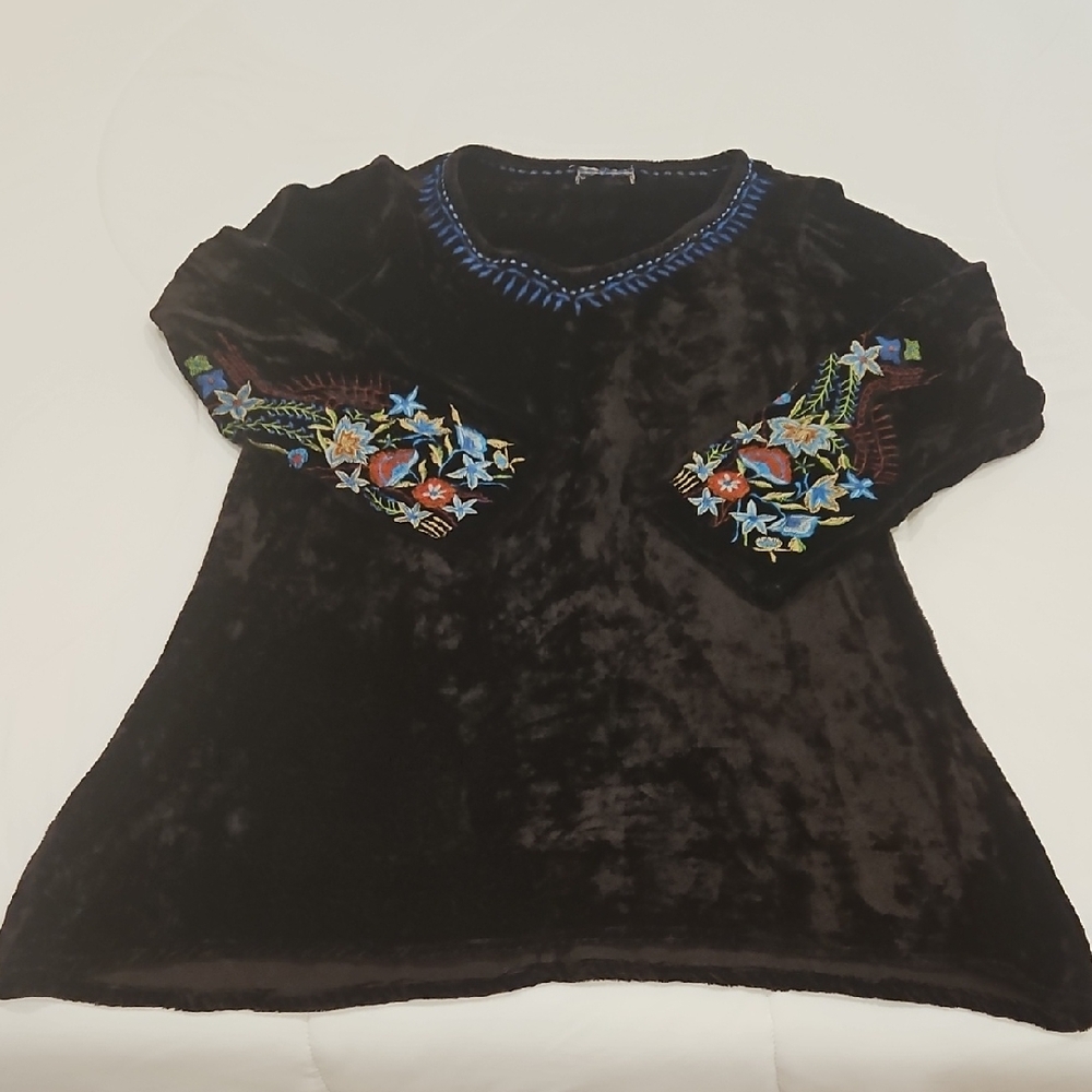 Black Velvet Top with Floral Embroidery